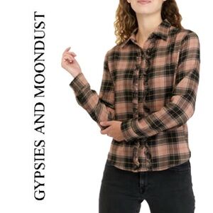 Gypsies & Moondust Plaid Button Up Shirt Ruffle Front Long Sleeves Size Medium